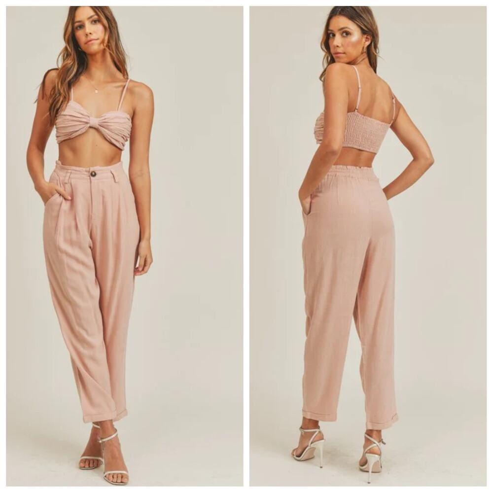 MABLE Womens Cropped Linen Tank Top & Linen Pants Set Size Small Dusty Pink Chic